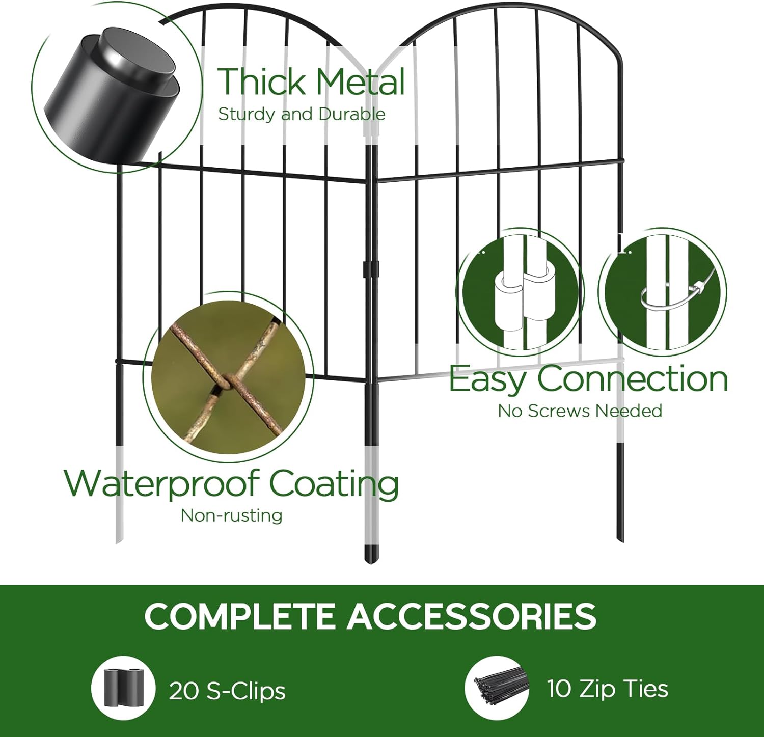 Garden Fence, Total 10ft(L) x 24in(H) Garden Fencing Animal Barrier, 10 Pcs Rustproof Metal Fence Panels, Black No Dig Fence, Decorative Garden Fences and Borders for Dogs, Flower Bed, Patio - Image 2