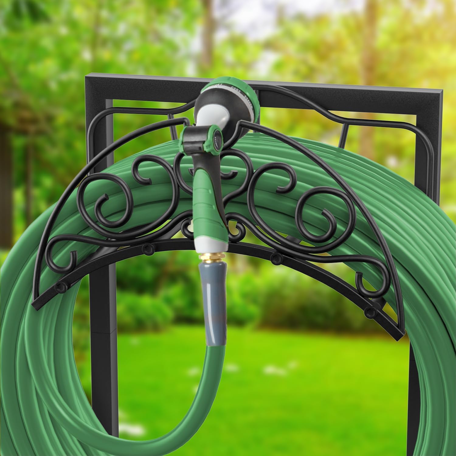 Garden Hose Holder for Outside, Upgraded Freestanding Water Hose Holder with 4 Spikes, Heavy Duty Rust-Resistant Metal Garden Hose Storage Stand for Outside, Black - Image 2