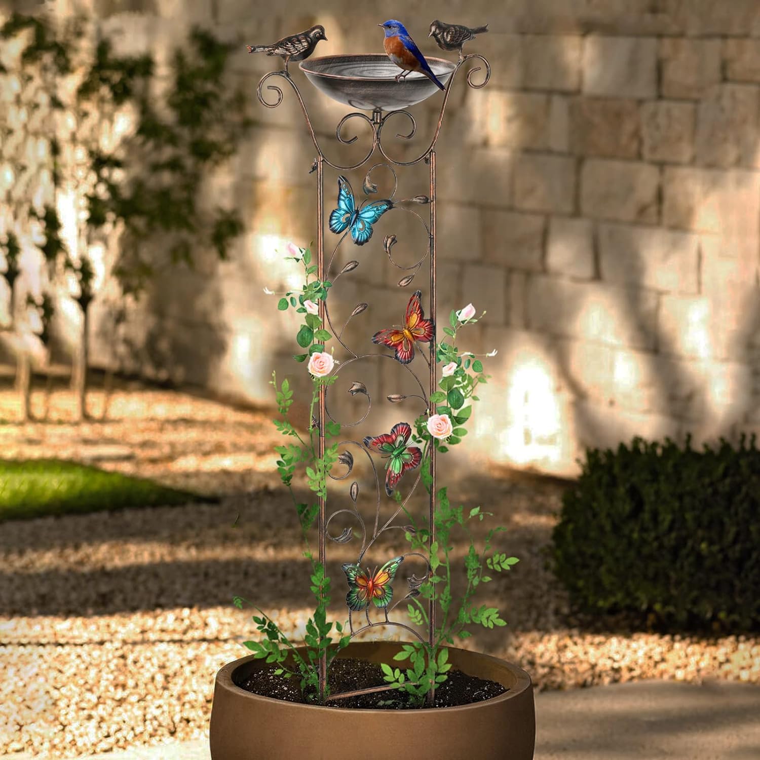 SUNNYPARK Bird Bath with Trellis Outdoor, Antique Garden Iron Trellis with Decorative Butterflies Detachable Bird Bowl Metal Potted Plants Support for Climbing Flowers - Image 6