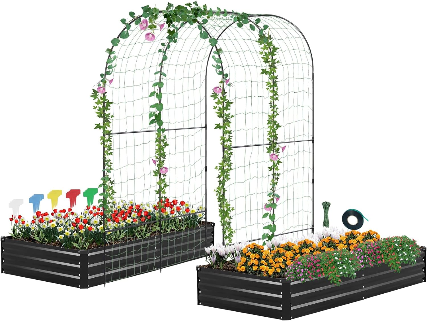 Galvanized Raised Garden Bed for Vegetables Flowers Herbs, Metal Raised Garden Bed Kit with Trellis, Plant Labels, Plant Ties, Black 6×3×1FT 2PCS