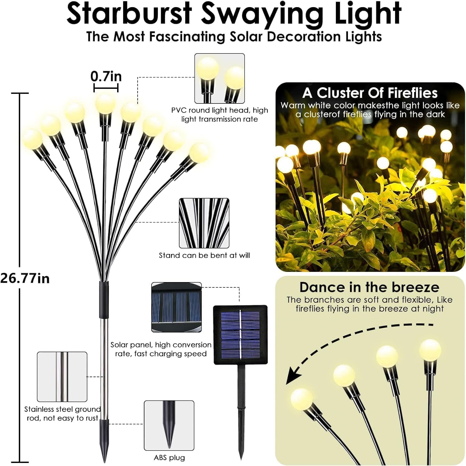 OZS 8Pack Total 64LED Solar Garden Lights Solar Lights Outdoor, Solar Firefly Lights, Waterproof Solar Fairy Lights Outdoor for Garden Yard Pathway Decoration(Warm White) - Image 7