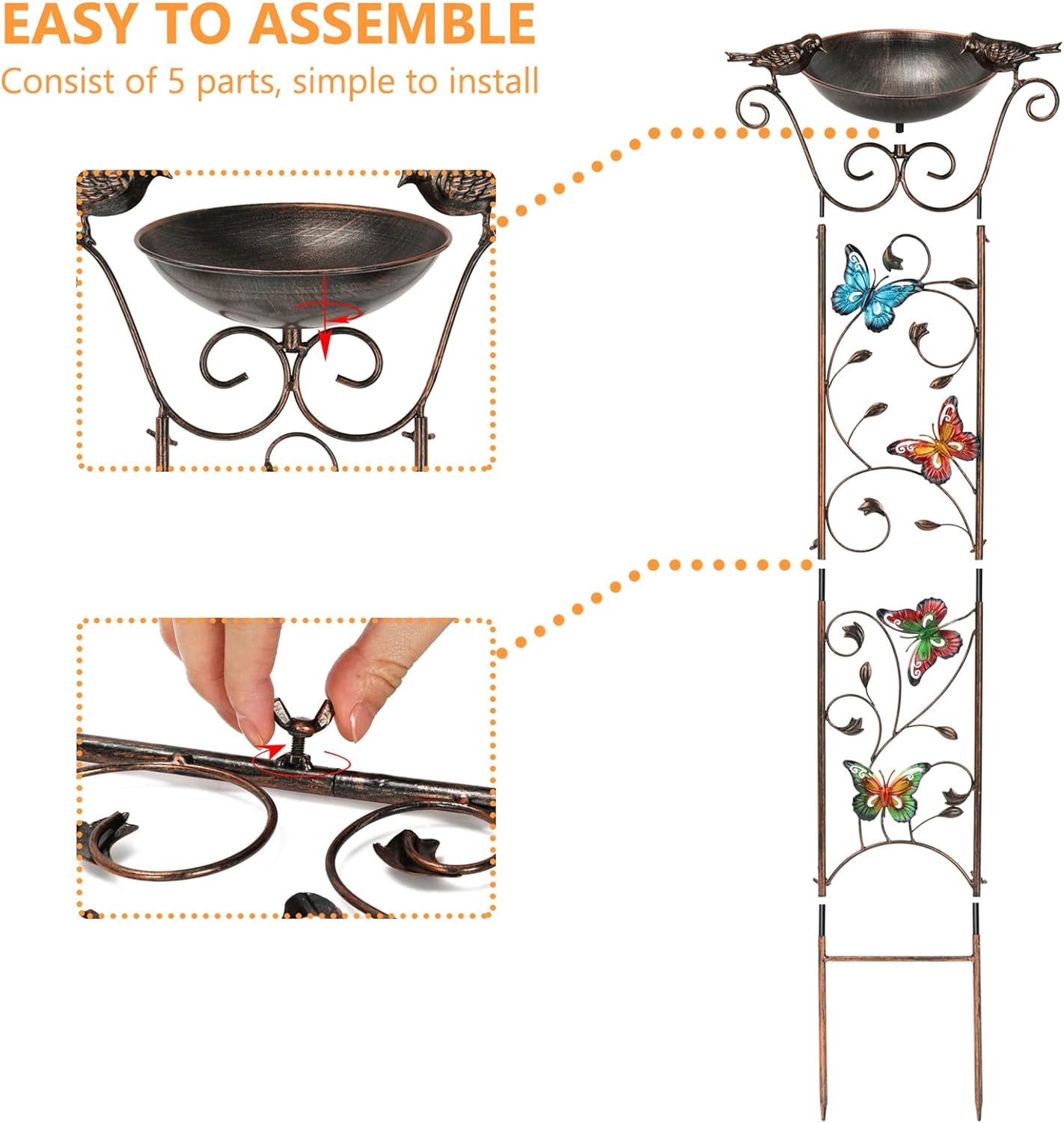 SUNNYPARK Bird Bath with Trellis Outdoor, Antique Garden Iron Trellis with Decorative Butterflies Detachable Bird Bowl Metal Potted Plants Support for Climbing Flowers - Image 3