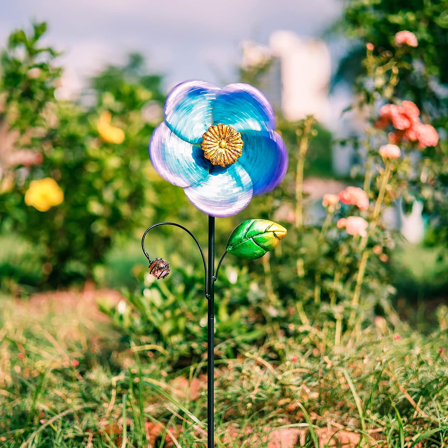 Wind Spinner with Metal Stake, 28.7 inches Outdoor Garden Pinwheels Spinners Blue Flower Shape Design for Yard Lawn Patio Decor - Image 5