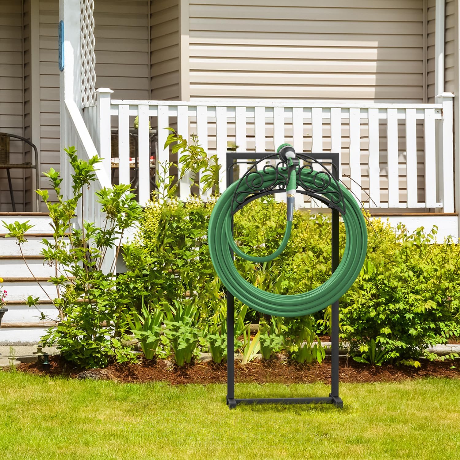 Garden Hose Holder for Outside, Upgraded Freestanding Water Hose Holder with 4 Spikes, Heavy Duty Rust-Resistant Metal Garden Hose Storage Stand for Outside, Black - Image 4