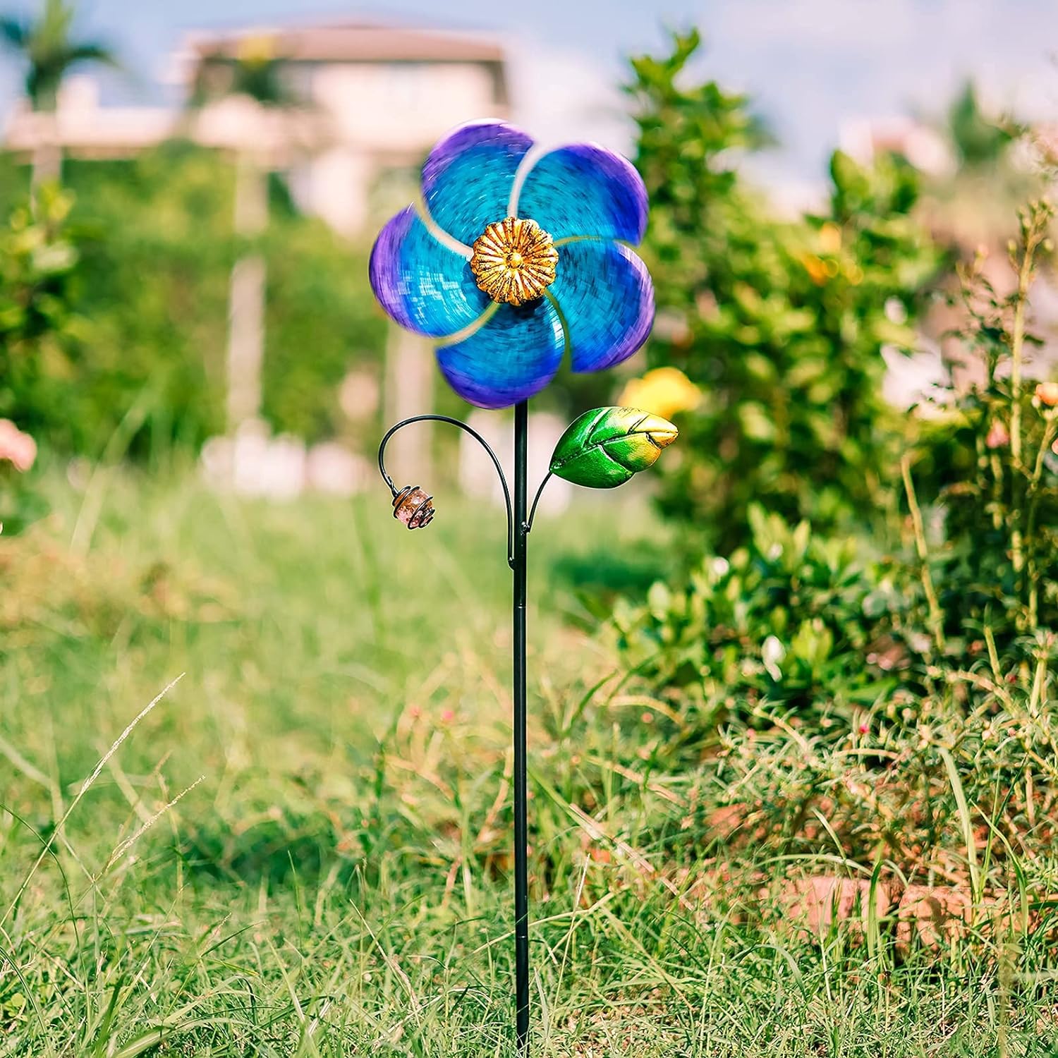 Wind Spinner with Metal Stake, 28.7 inches Outdoor Garden Pinwheels Spinners Blue Flower Shape Design for Yard Lawn Patio Decor - Image 6