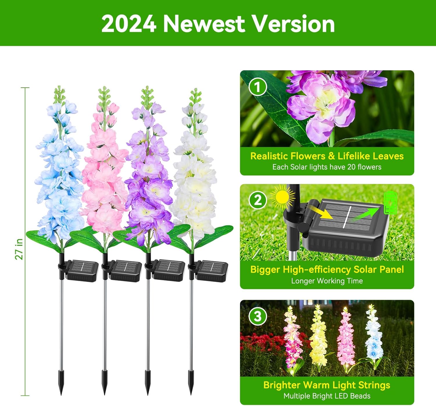KOOPER Solar Lights Outdoor Garden Decor, 4 Pack Upgraded Delphinium Solar Garden Lights with 36 LEDs, Waterproof Solar Lights for Outside, Outdoor Solar Flowers Lights for Yard Patio, Gift for Mother - Image 6